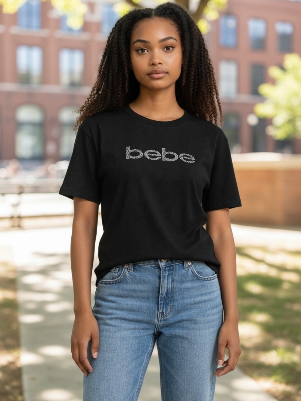 bebe Black Rhinestone Logo Tee - Size Large